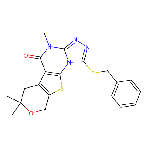1-(benzylsulfanyl)-4,7,7-trimethyl-6,9-dihydro-7H-pyrano[4',3':4,5]thieno[3,2-e][1,2,4]triazolo[4,3-a]pyrimidin-5(4H)-one structure