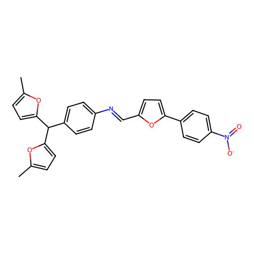 (E)-4-(bis(5-methylfuran-2-yl)methyl)-N-((5-(4-nitrophenyl)furan-2-yl)methylene)aniline structure