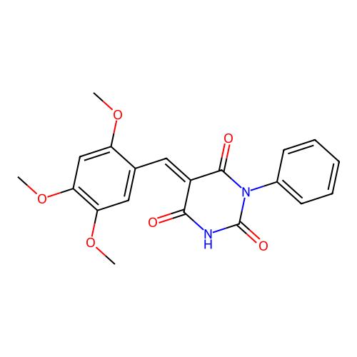 (E)-1-phenyl-5-(2,4,5-trimethoxybenzylidene)pyrimidine-2,4,6(1H,3H,5H)-trione structure