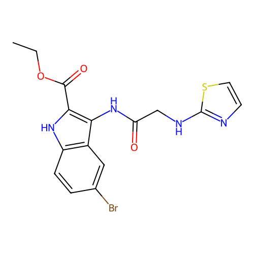 ethyl 5-bromo-3-{[N-(1,3-thiazol-2-yl)glycyl]amino}-1H-indole-2-carboxylate structure