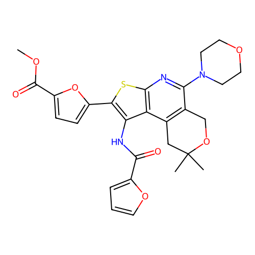 methyl 5-(1-(furan-2-carboxamido)-8,8-dimethyl-5-morpholino-8,9-dihydro-6H-pyrano[4,3-d]thieno[2,3-b]pyridin-2-yl)furan-2-carboxylate structure