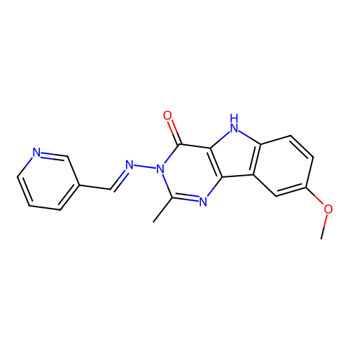 8-methoxy-2-methyl-3-[(E)-pyridin-3-ylmethylideneamino]-5H-pyrimido[5,4-b]indol-4-one structure