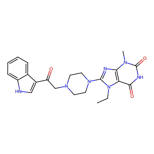 7-ethyl-8-[4-[2-(1H-indol-3-yl)-2-oxoethyl]piperazin-1-yl]-3-methylpurine-2,6-dione structure