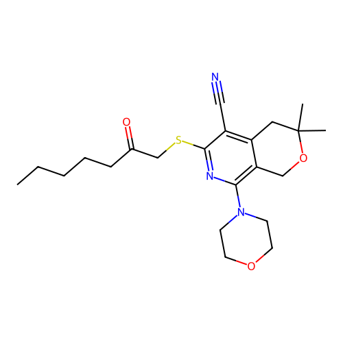 3,3-dimethyl-8-(morpholin-4-yl)-6-[(2-oxoheptyl)sulfanyl]-3,4-dihydro-1H-pyrano[3,4-c]pyridine-5-carbonitrile structure