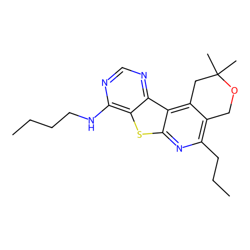 N-butyl-2,2-dimethyl-5-propyl-1,4-dihydro-2H-pyrano[4'',3'':4',5']pyrido[3',2':4,5]thieno[3,2-d]pyrimidin-8-amine structure