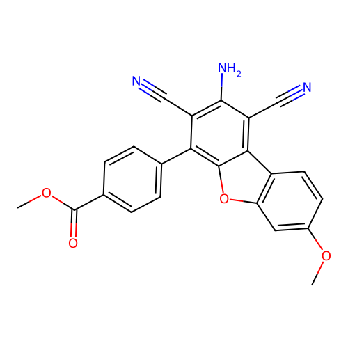 Methyl 4-(2-amino-1,3-dicyano-7-methoxydibenzo[b,d]furan-4-yl)benzoate structure