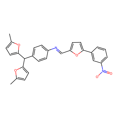 (E)-4-(bis(5-methylfuran-2-yl)methyl)-N-((5-(3-nitrophenyl)furan-2-yl)methylene)aniline structure