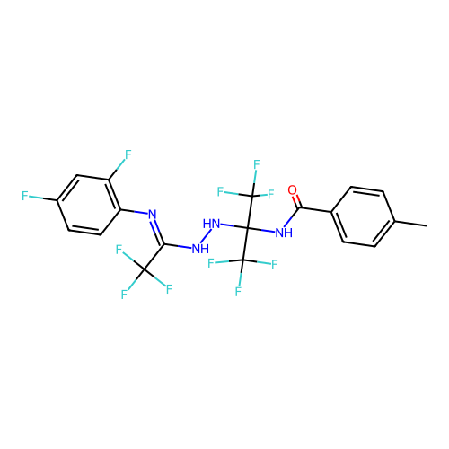 (E)-N-(2-(2-(1-((2,4-difluorophenyl)imino)-2,2,2-trifluoroethyl)hydrazinyl)-1,1,1,3,3,3-hexafluoropropan-2-yl)-4-methylbenzamide structure