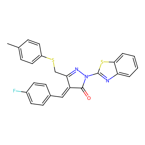 (4E)-2-(1,3-benzothiazol-2-yl)-4-(4-fluorobenzylidene)-5-{[(4-methylphenyl)sulfanyl]methyl}-2,4-dihydro-3H-pyrazol-3-one structure