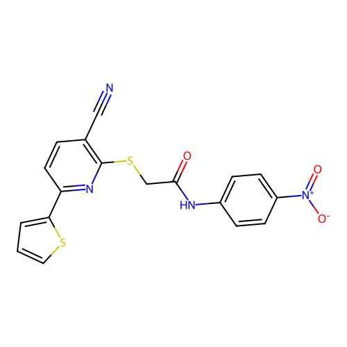 2-{[3-cyano-6-(thiophen-2-yl)pyridin-2-yl]sulfanyl}-N-(4-nitrophenyl)acetamide structure