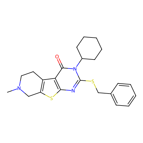 2-(benzylthio)-3-cyclohexyl-7-methyl-5,6,7,8-tetrahydropyrido[4',3':4,5]thieno[2,3-d]pyrimidin-4(3H)-one structure