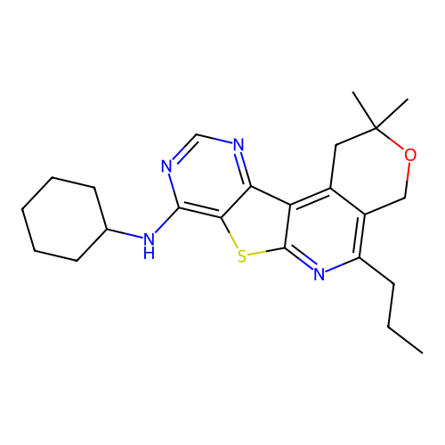 N-cyclohexyl-2,2-dimethyl-5-propyl-1,4-dihydro-2H-pyrano[4'',3'':4',5']pyrido[3',2':4,5]thieno[3,2-d]pyrimidin-8-amine structure