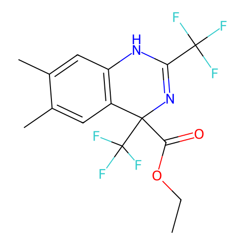 Ethyl 6,7-dimethyl-2,4-bis(trifluoromethyl)-3,4-dihydroquinazoline-4-carboxylate structure