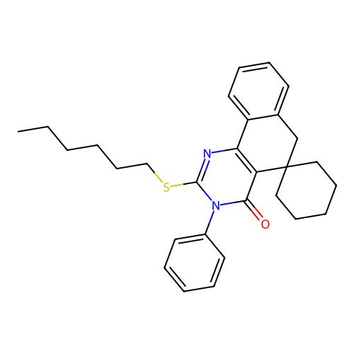2-(hexylsulfanyl)-3-phenyl-3H-spiro[benzo[h]quinazoline-5,1'-cyclohexan]-4(6H)-one structure