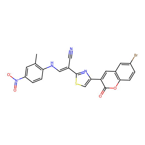(2E)-2-[4-(6-bromo-2-oxo-2H-chromen-3-yl)-1,3-thiazol-2-yl]-3-[(2-methyl-4-nitrophenyl)amino]prop-2-enenitrile structure