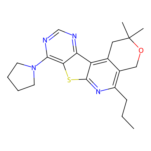 2,2-dimethyl-5-propyl-8-(pyrrolidin-1-yl)-1,4-dihydro-2H-pyrano[4'',3'':4',5']pyrido[3',2':4,5]thieno[3,2-d]pyrimidine structure