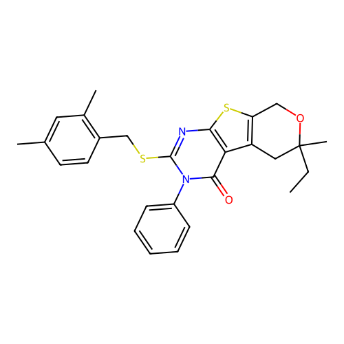 2-((2,4-dimethylbenzyl)thio)-6-ethyl-6-methyl-3-phenyl-5,6-dihydro-3H-pyrano[4',3':4,5]thieno[2,3-d]pyrimidin-4(8H)-one structure