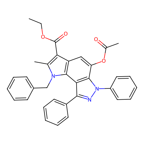 ethyl 5-(acetyloxy)-1-benzyl-2-methyl-6,8-diphenyl-1,6-dihydropyrrolo[2,3-e]indazole-3-carboxylate structure