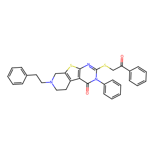 2-[(2-oxo-2-phenylethyl)sulfanyl]-3-phenyl-7-(2-phenylethyl)-5,6,7,8-tetrahydropyrido[4',3':4,5]thieno[2,3-d]pyrimidin-4(3H)-one structure