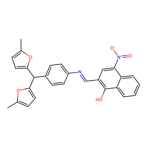 2-[(E)-({4-[bis(5-methylfuran-2-yl)methyl]phenyl}imino)methyl]-4-nitronaphthalen-1-ol structure