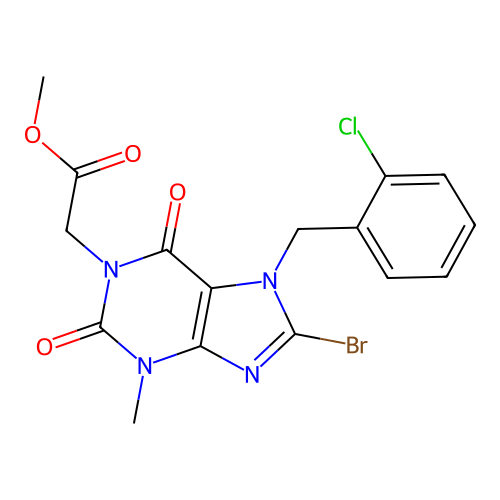 2-[8-bromo-7-[(2-chlorophenyl)methyl]-3-methyl-2,6-dioxo-1-purinyl]acetic acid methyl ester structure