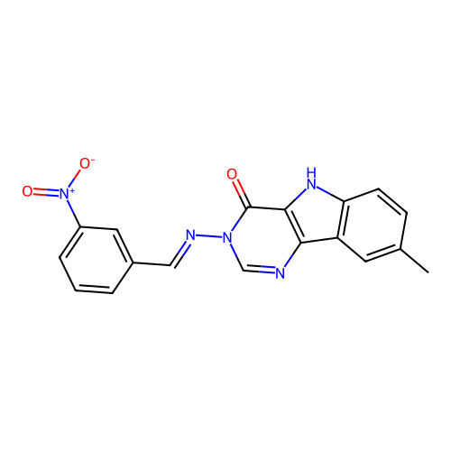 (E)-8-methyl-3-((3-nitrobenzylidene)amino)-3H-pyrimido[5,4-b]indol-4(5H)-one structure