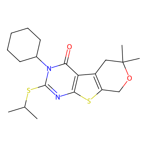 3-cyclohexyl-6,6-dimethyl-2-(propan-2-ylsulfanyl)-3,5,6,8-tetrahydro-4H-pyrano[4',3':4,5]thieno[2,3-d]pyrimidin-4-one structure