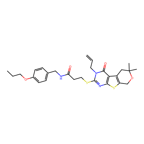 3-{[6,6-dimethyl-4-oxo-3-(prop-2-en-1-yl)-3,5,6,8-tetrahydro-4H-pyrano[4',3':4,5]thieno[2,3-d]pyrimidin-2-yl]sulfanyl}-N-(4-propoxybenzyl)propanamide structure