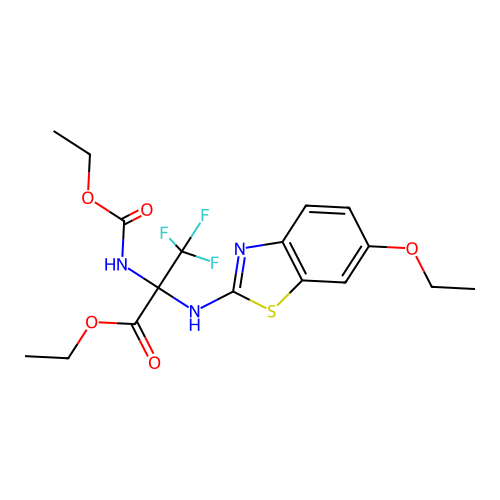 ethyl 2-((6-ethoxybenzo[d]thiazol-2-yl)amino)-2-((ethoxycarbonyl)amino)-3,3,3-trifluoropropanoate structure