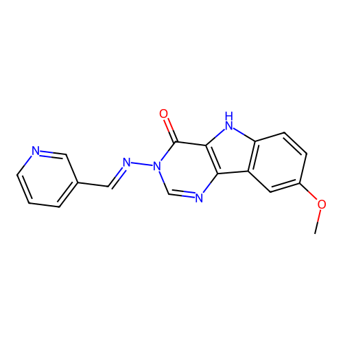 (E)-8-methoxy-3-((pyridin-3-ylmethylene)amino)-3H-pyrimido[5,4-b]indol-4(5H)-one structure