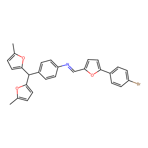(E)-4-(bis(5-methylfuran-2-yl)methyl)-N-((5-(4-bromophenyl)furan-2-yl)methylene)aniline structure