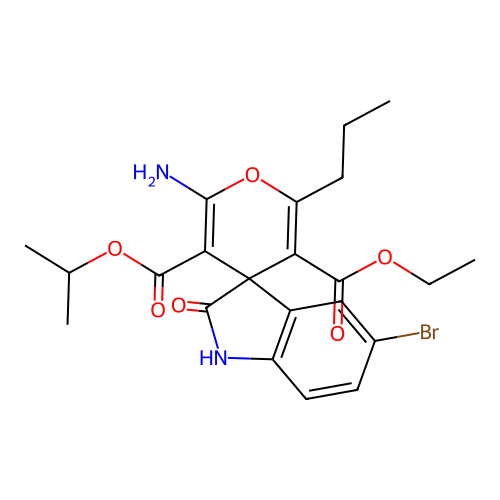 5'-ethyl 3'-isopropyl 2'-amino-5-bromo-2-oxo-6'-propylspiro[indoline-3,4'-pyran]-3',5'-dicarboxylate structure