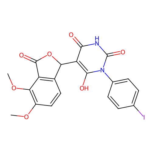 5-(4,5-dimethoxy-3-oxo-1,3-dihydro-2-benzofuran-1-yl)-6-hydroxy-1-(4-iodophenyl)pyrimidine-2,4(1H,3H)-dione structure