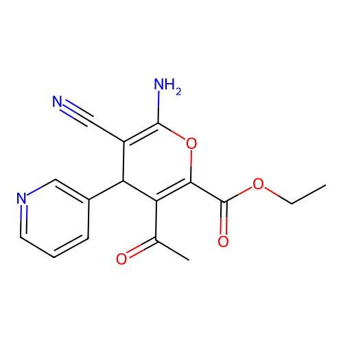 ethyl 3-acetyl-6-amino-5-cyano-4-(pyridin-3-yl)-4H-pyran-2-carboxylate structure
