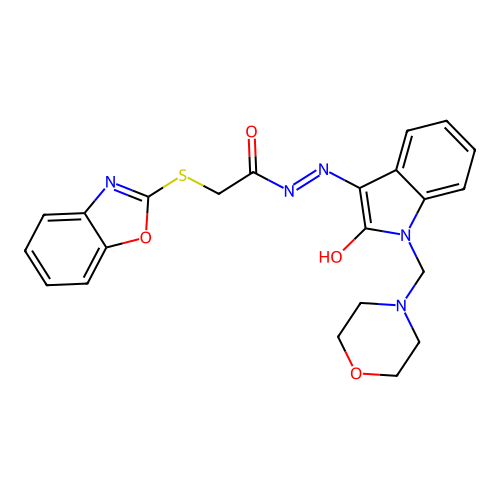 2-(1,3-benzoxazol-2-ylsulfanyl)-N'-[(3E)-1-(morpholin-4-ylmethyl)-2-oxo-1,2-dihydro-3H-indol-3-ylidene]acetohydrazide structure