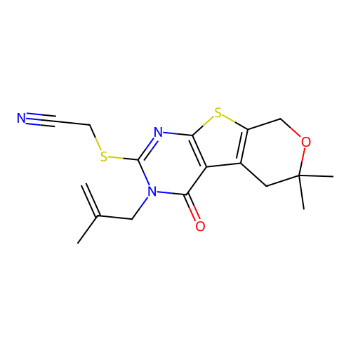 {[6,6-dimethyl-3-(2-methylprop-2-en-1-yl)-4-oxo-3,5,6,8-tetrahydro-4H-pyrano[4',3':4,5]thieno[2,3-d]pyrimidin-2-yl]sulfanyl}acetonitrile structure