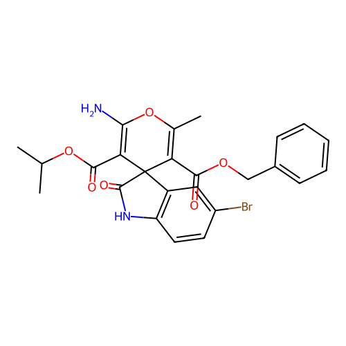 5'-benzyl 3'-isopropyl 2'-amino-5-bromo-6'-methyl-2-oxospiro[indoline-3,4'-pyran]-3',5'-dicarboxylate structure