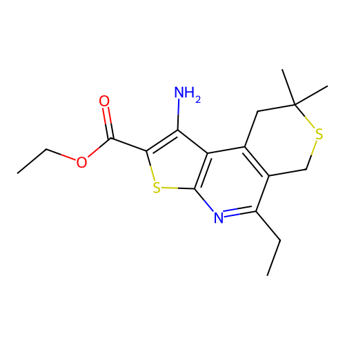 ethyl 1-amino-5-ethyl-8,8-dimethyl-8,9-dihydro-6H-thieno[2,3-b]thiopyrano[4,3-d]pyridine-2-carboxylate structure