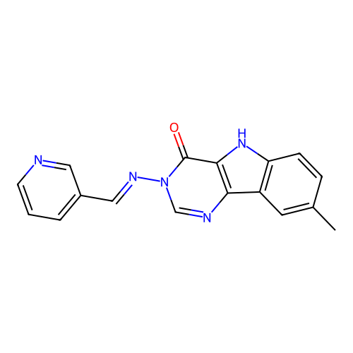 (E)-8-methyl-3-((pyridin-3-ylmethylene)amino)-3H-pyrimido[5,4-b]indol-4(5H)-one structure