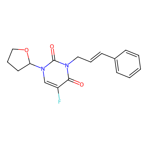 3-cinnamyl-5-fluoro-1-(tetrahydrofuran-2-yl)pyrimidine-2,4(1H,3H)-dione structure