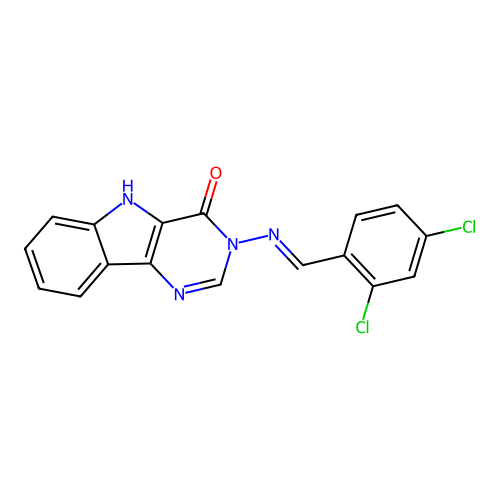 (E)-3-((2,4-dichlorobenzylidene)amino)-3H-pyrimido[5,4-b]indol-4(5H)-one structure