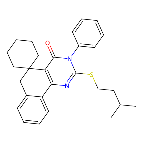 2-(3-methylbutylsulfanyl)-3-phenylspiro[6H-benzo[h]quinazoline-5,1'-cyclohexane]-4-one structure