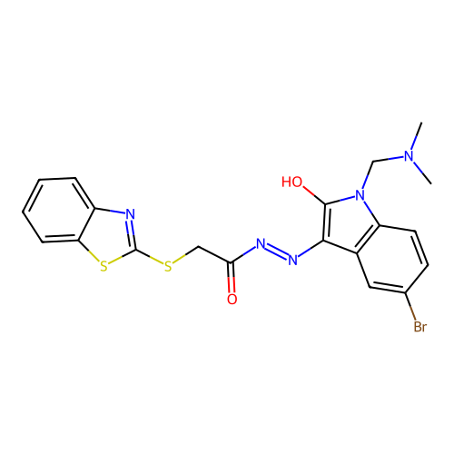 2-(1,3-BENZOTHIAZOL-2-YLSULFANYL)-N'-[(3Z)-5-BROMO-1-[(DIMETHYLAMINO)METHYL]-2-OXO-2,3-DIHYDRO-1H-INDOL-3-YLIDENE]ACETOHYDRAZIDE structure