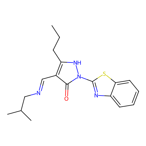 (E)-2-(benzo[d]thiazol-2-yl)-4-((isobutylimino)methyl)-5-propyl-1H-pyrazol-3(2H)-one structure