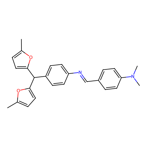 4-[(E)-({4-[bis(5-methylfuran-2-yl)methyl]phenyl}imino)methyl]-N,N-dimethylaniline structure