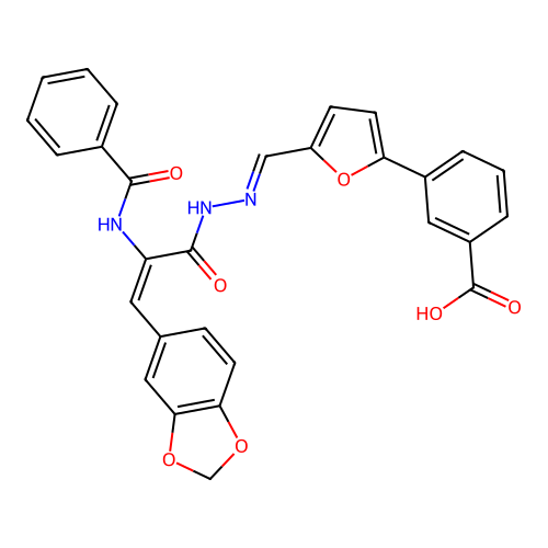 3-{5-[(E)-(2-{(2E)-3-(1,3-benzodioxol-5-yl)-2-[(phenylcarbonyl)amino]prop-2-enoyl}hydrazinylidene)methyl]furan-2-yl}benzoic acid structure