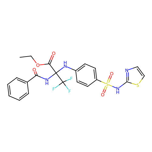 ethyl 2-benzamido-3,3,3-trifluoro-2-((4-(N-(thiazol-2-yl)sulfamoyl)phenyl)amino)propanoate structure