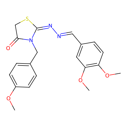 (E)-2-((E)-(3,4-dimethoxybenzylidene)hydrazono)-3-(4-methoxybenzyl)thiazolidin-4-one structure