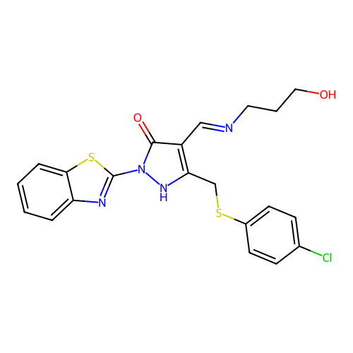 (4E)-2-(1,3-benzothiazol-2-yl)-5-[(4-chlorophenyl)sulfanylmethyl]-4-[(3-hydroxypropylamino)methylidene]pyrazol-3-one structure