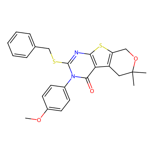 2-(benzylsulfanyl)-3-(4-methoxyphenyl)-6,6-dimethyl-3,5,6,8-tetrahydro-4H-pyrano[4',3':4,5]thieno[2,3-d]pyrimidin-4-one structure